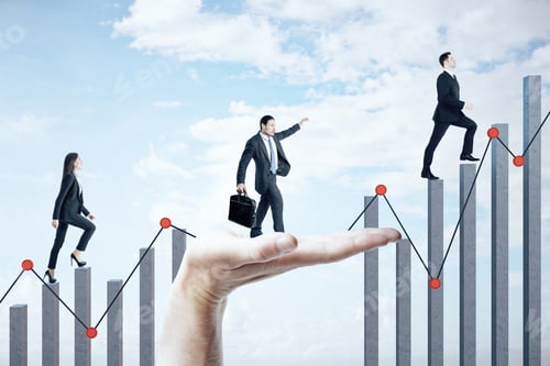 Preview: Hand Helps A Businesspeople Climb On Business Chart On Blue Sky View Background. Business And