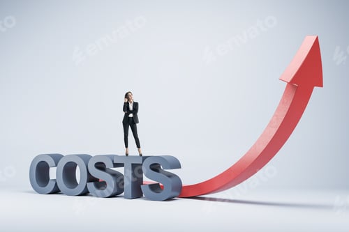 Preview: Businesswoman Standing On Abstract Growing Red Costs Arrow On White Background. Crisis And Decline