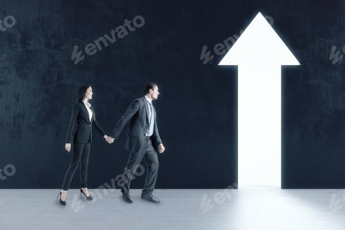 Preview: Businessman And Businesswoman Walking To Abstract White Arrow On Gray Wall. Success And Startup