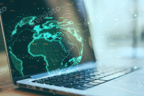 Preview: Close Up Of Laptop With Digital Map. Global Business And Interactive Concept. Double Exposure