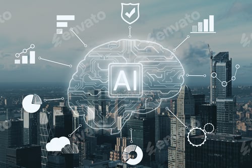 Preview: Creative Ai Circuit Brain With Icons On Blurry New York City Background. Artificial Intelligence