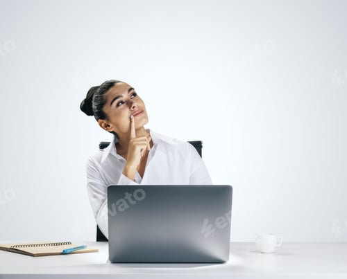 Preview: Thinking Concept With Pensive Young Woman Looking Up And Trying To Find Best Solution, Sitting In