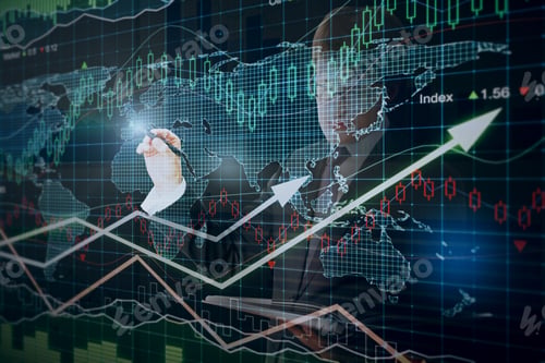 Preview: Businessman With Book Drawing Abstract Forex Chart. Double Exposure. Fund Management Concept