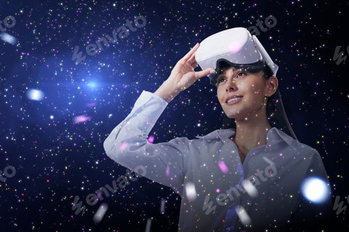 Preview: Abstract Double Exposure Image Of Cheerful Young White European Woman With Vr Glasses On Starry Sky