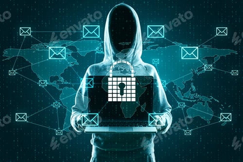 Preview: Hacker Using Laptop With Abstract Padlock Network Hologram On Blue Binary Code Background. Safety