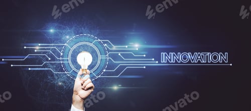 Preview: Female Hand Holding Glowing Light Bulb With Creative Glowing Digital Hud Interface Background With