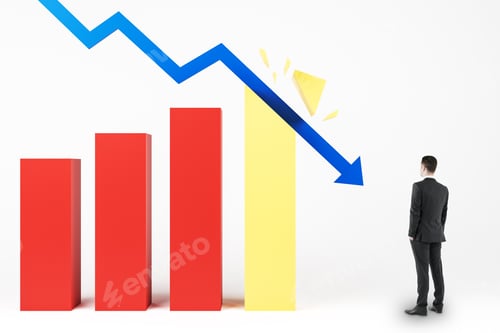 Preview: Crisis Concept With Businessman Looking At Blue Arrow Breaking Business Chart At Light Background.