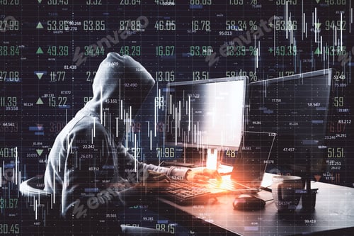 Preview: Analytics And Malware Concept. Hacker Using Laptop Computer With Abstract Forex Chart Hologram On