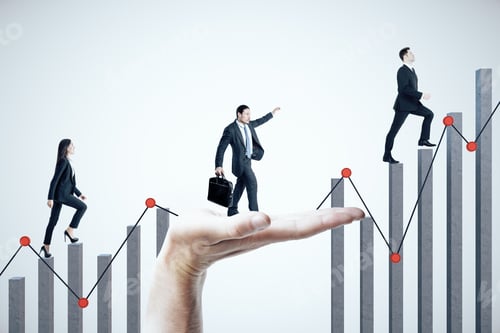 Preview: Hand Helps A Businesspeople Climb On Business Chart On White Background. Business And Teamwork