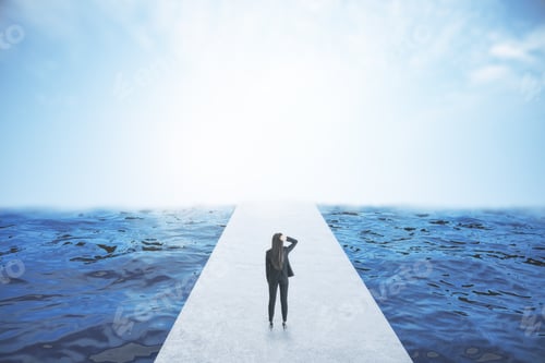 Preview: Back View Of Young Businesswoman Standing On Pathway In Bright Sky. Success And Future Concept
