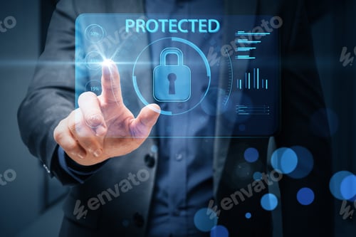 Preview: Close Up Of Businessman Hand Pointing At Creative Protected Digital Padlock On Blurry Bokeh Office
