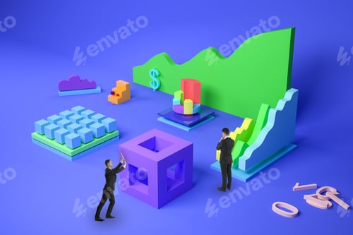 Preview: Businessmen With Abstract Business Charts On Blue Background. Trade And Team Concept.