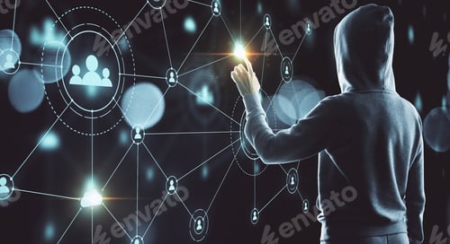 Preview: Hacker Pushing Glowing Human Resource Interface. Communication And Malware Concept.