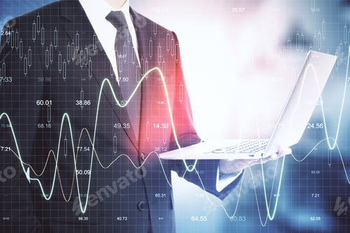 Preview: Businessman Holding Laptop With Stock Chart Hologram. Finance And Trade Concept.