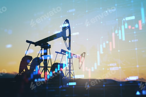 Preview: Abstract Backlit Oil Pumping Equipment On Sky Background With Glowing Growing Candlestick Forex