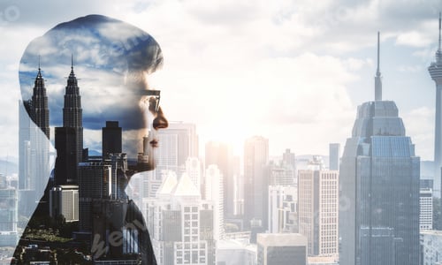 Preview: Front View Of Young Businessman On City Background. Success And Research Concept. Double Exposure