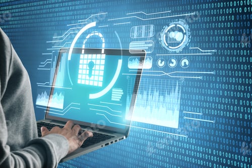 Preview: Side View Of Businessman Hands Using Laptop With Digital Padlock. Safety And Protection Concept.