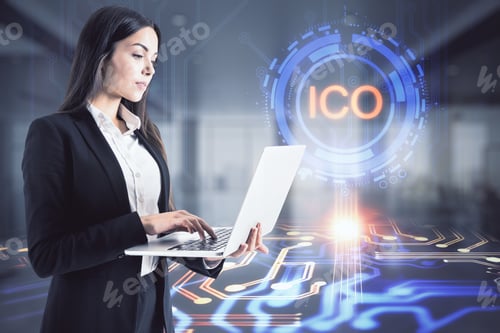 Preview: Businesswoman With Laptop Standing On Ico Hologram Background, Start Up And Decentralization Concept