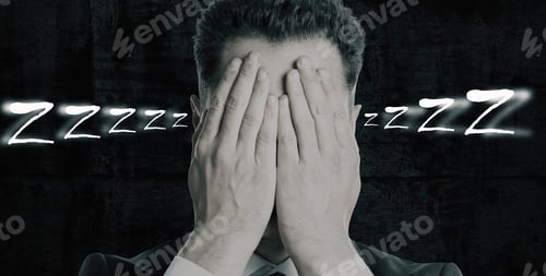Preview: Portrait Of Man Covering Face With Hands On Dark Background. Sleep Concept