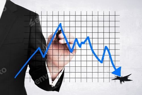 Preview: Close Up Of Businessman Hand Drawing Abstract Downward Falling Into Hole Business Chart With Arrow