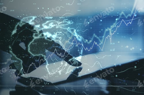 Preview: Hand Using Digital Laptop With Digital Earth And Charts. Global Business And Interactive Concept