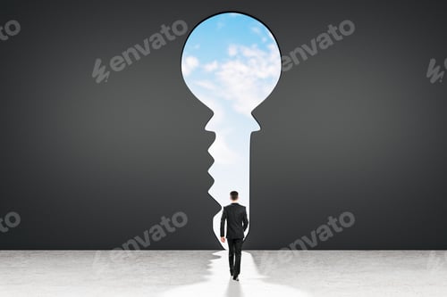Preview: Back View Of Young Businessman In Abstract Black Interior With Keyhole Window And Sky View. Access