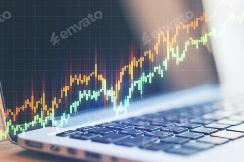 Preview: Laptop On Desktop With Abstract Forex Chart Hologram. Analytics And Trade Concept.