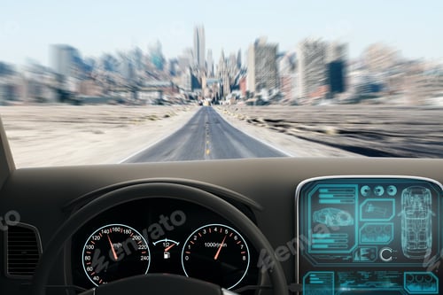 Preview: View From Car With Digital Screen Of On-Board Computer Moving To The Megapolis City.