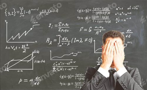 Preview: Stressed Businessman Covering Face With Palms On Chalkboard Background With Mathematical Formulas