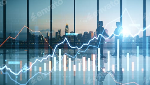 Preview: Businessmen Shaking Hands In Modern Bright Office Interior With Glowing Forex Chart, Panoramic