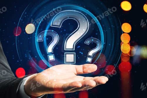 Preview: Close Up Of Man Hand Holding Glowing Round Question Mark Hologram On Blurry Bokeh Background. Faq