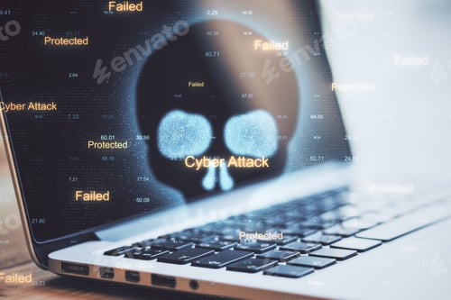 Preview: Laptop On Table With Cyber Skull And Hacker Attack Interface. Virus Attack And Malware Concept
