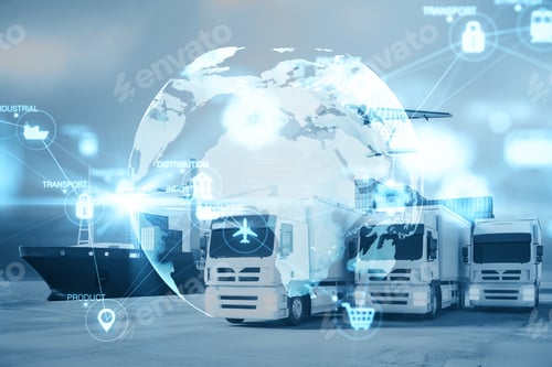 Preview: Creative Glowing Blurry Global Delivery Scheme Hologram On Transport Dock Background. Logistics And