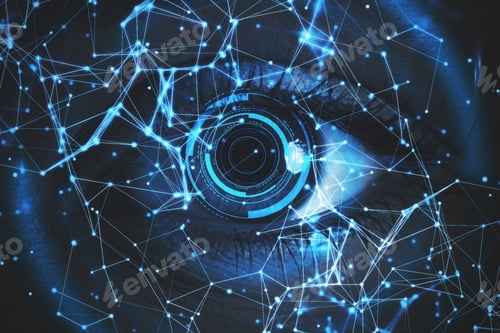 Preview: Face With Polygonal Hologram On Eye. Face Id And Innovation Concept. Double Exposure