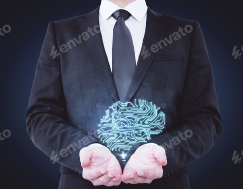Preview: Businessman Holding Abstract Blue Digital Brain. Artificial Mind Concept