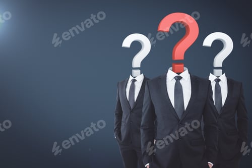 Preview: Question Mark Sketch Headed Businessmen On Grey Background With Copy Space. Confusion And Teamwork