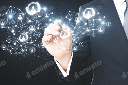 Preview: Businessman Hand With Abstract Digital Business Interface On Dark Background. Future And Innovation