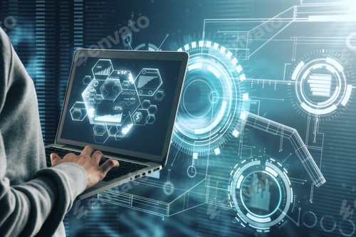 Preview: Side View Of Hacker Using Laptop With Glowing Business Interface On Blurry Background. Computing
