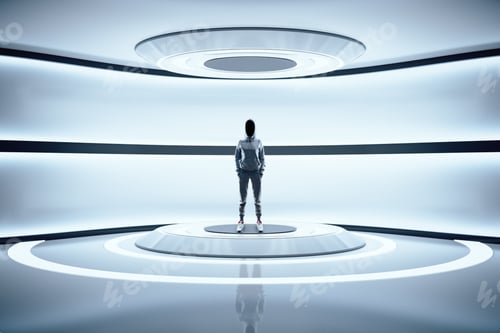 Preview: Hacker Standing In Futuristic Interior With Neon Lamps. Future And Design Concept. Mock Up.