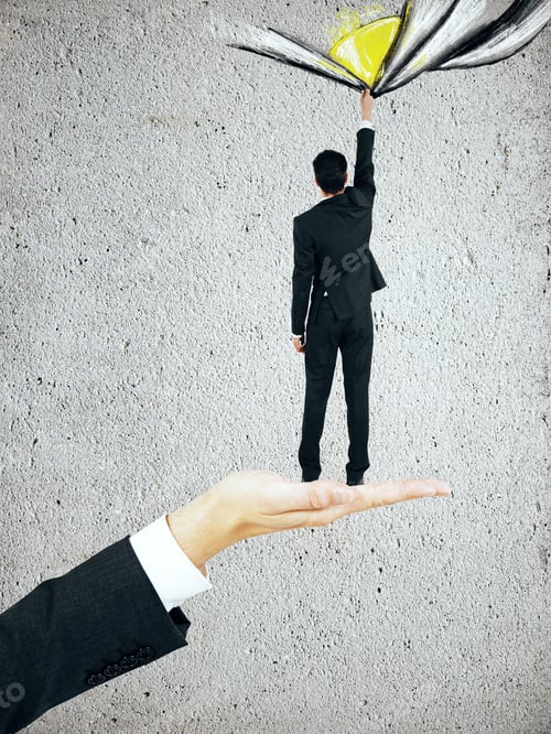 Preview: Male Hand Holding Tiny Businessman That Is Dragging Abstract Sketch On Concrete Background