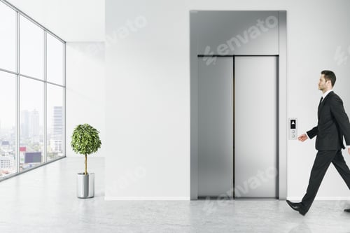 Preview: Businessman Walking In Modern Office Lobby Interior With City View, Daylight, Lift And Empty Mockup