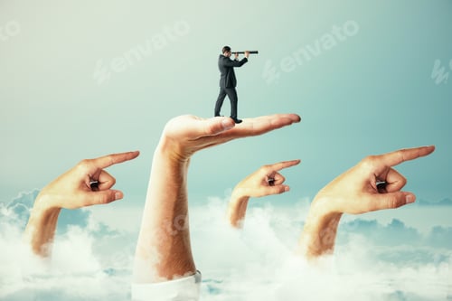Preview: Businessman With Telescope Standing On Abstract Hands And Looking Into The Distance. Blue Sky