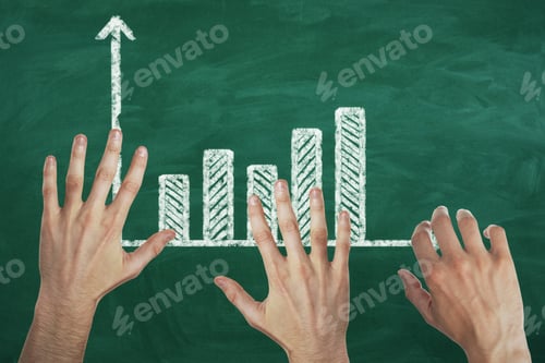Preview: Abstract Image Of Hands With Drawn Business Chart On Chalkboard Background. Teamwork And Savings
