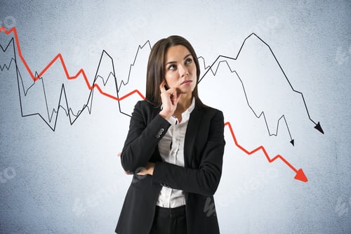Preview: Businesswoman Looking On Crash Recession Chart With Falling Red Arrow. Business And Financial