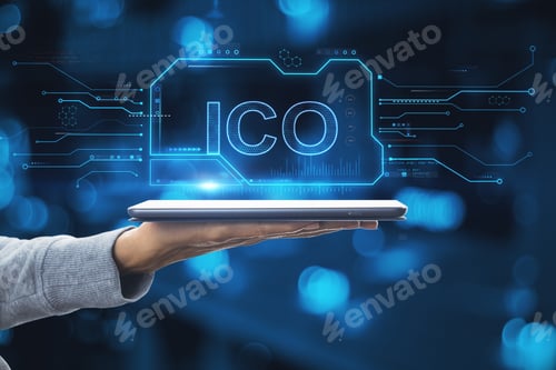Preview: Close Up Of Hand Holding Tablet With Creative Ico Chip Hologram On Blurry Bokeh Background. Initial
