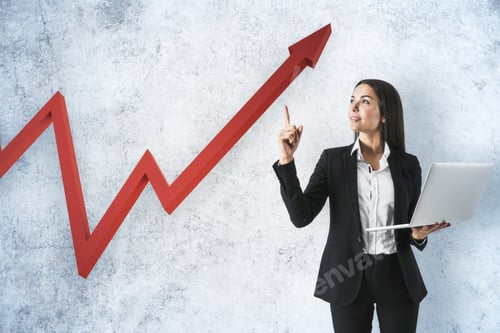 Preview: Businesswoman With Laptop In Hand And Drawing Red Arrow On Concrete Wall. Leadership And Challenge