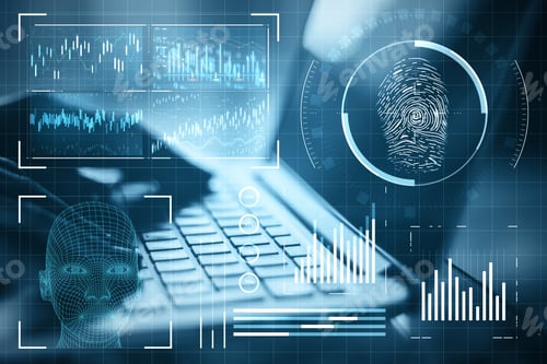 Preview: Hand Using Laptop With Abstract Glowing Blue Finger Print Interface On Dark Background. Access And