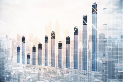 Preview: Glowing Stock Chart On Blurry Sunset City Background. Trade And Investment Concept. Multiexposure
