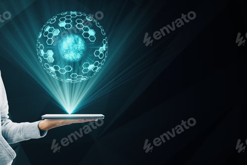 Preview: Hand Holding Mobile Device With Glowing Sphere Hologram On Dark Background. Technology And Network