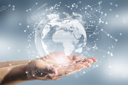 Preview: Close Up Of Male Hands Holding Abstract Glowing Polygonal Globe On Blurry Background. Network